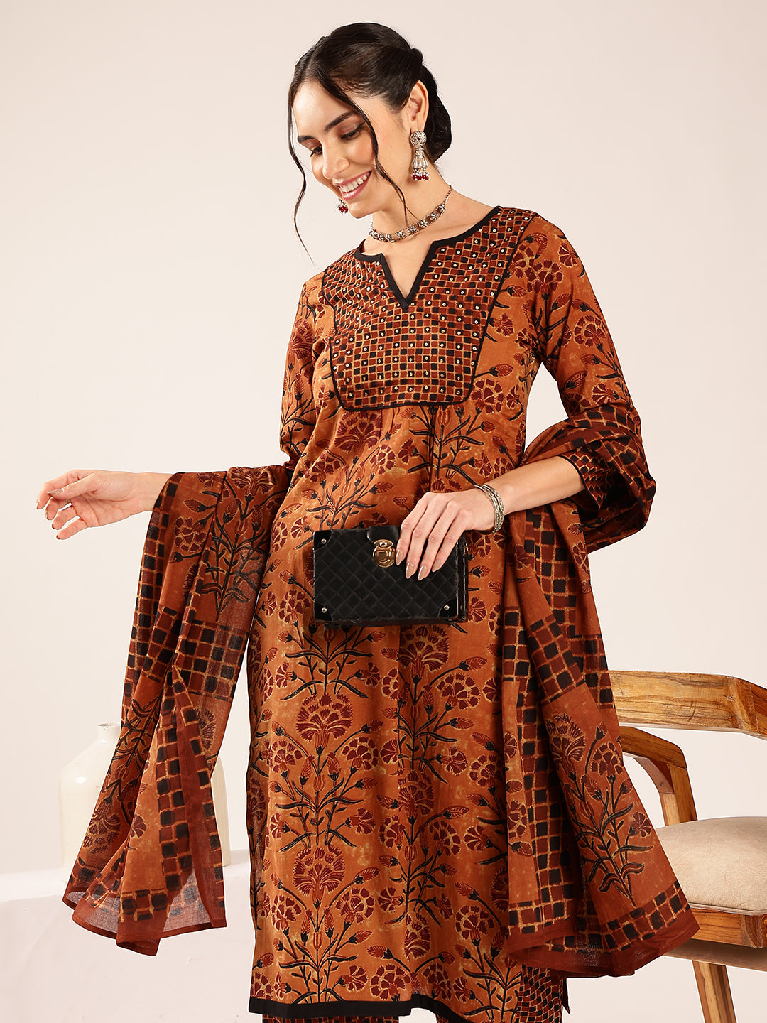 Brown Floral Print Straight Cotton Stitched Kurta Palazzo With Dupatta