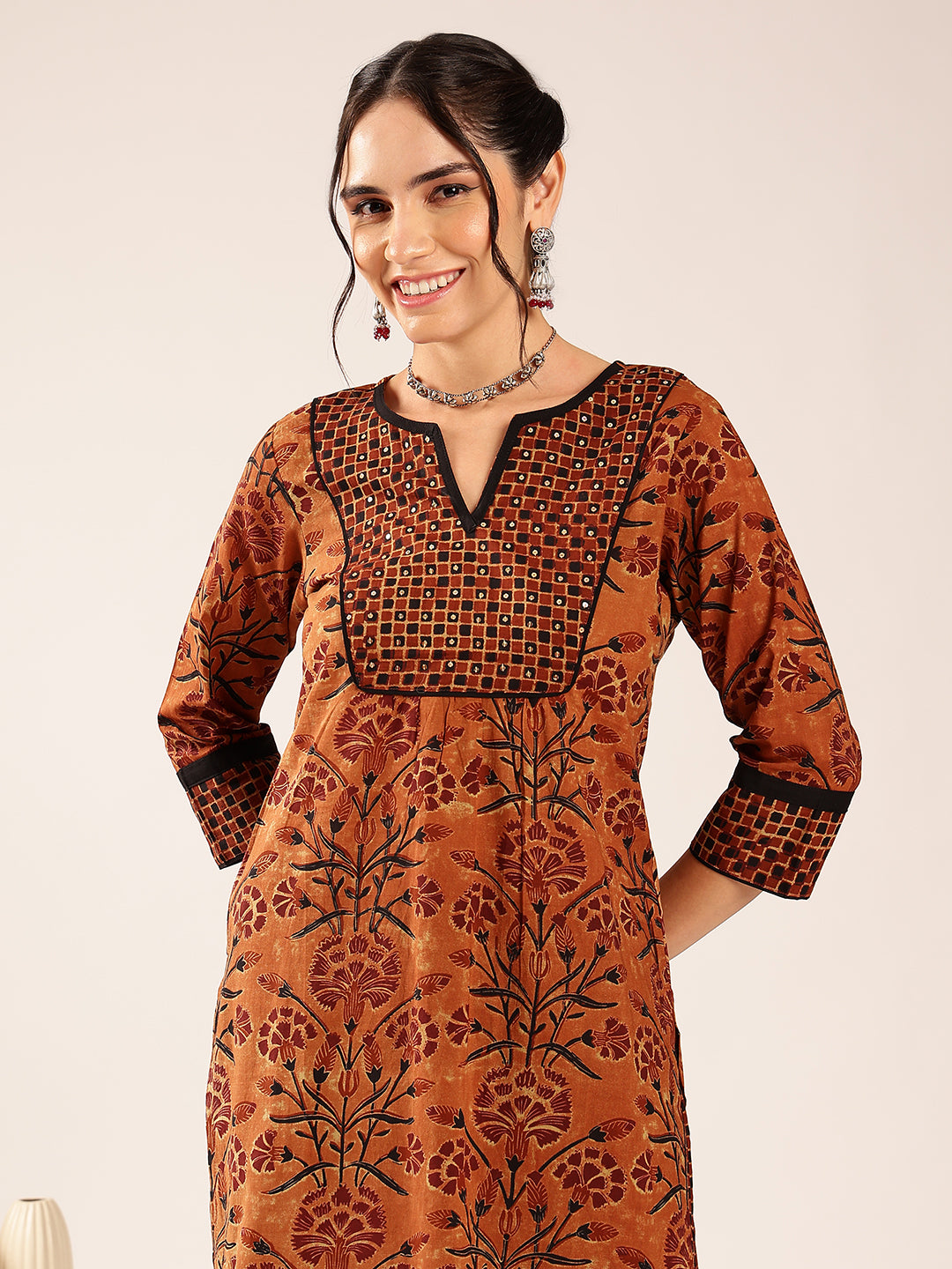 Brown Floral Print Straight Cotton Stitched Kurta Palazzo With Dupatta
