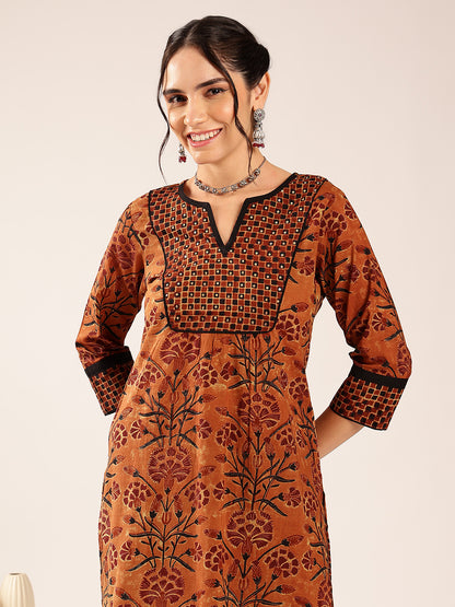Brown Floral Print Straight Cotton Stitched Kurta Palazzo With Dupatta