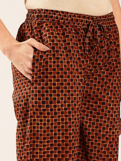 Brown Floral Print Straight Cotton Stitched Kurta Palazzo With Dupatta