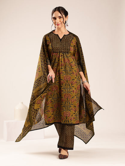 Mehendi Floral Print Straight Cotton Stitched Kurta Set