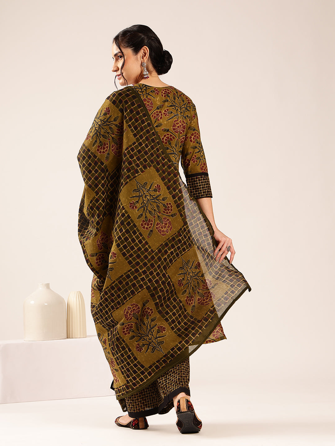 Mehendi Floral Print Straight Cotton Stitched Kurta Set