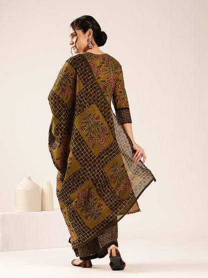 Mehendi Floral Print Straight Cotton Stitched Kurta Set