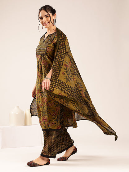 Mehendi Floral Print Straight Cotton Stitched Kurta Set