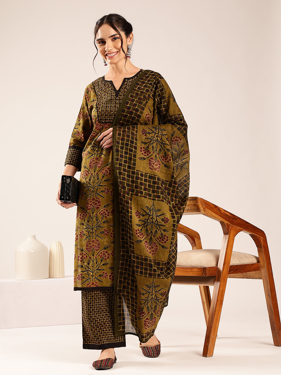 Mehendi Floral Print Straight Cotton Stitched Kurta Set