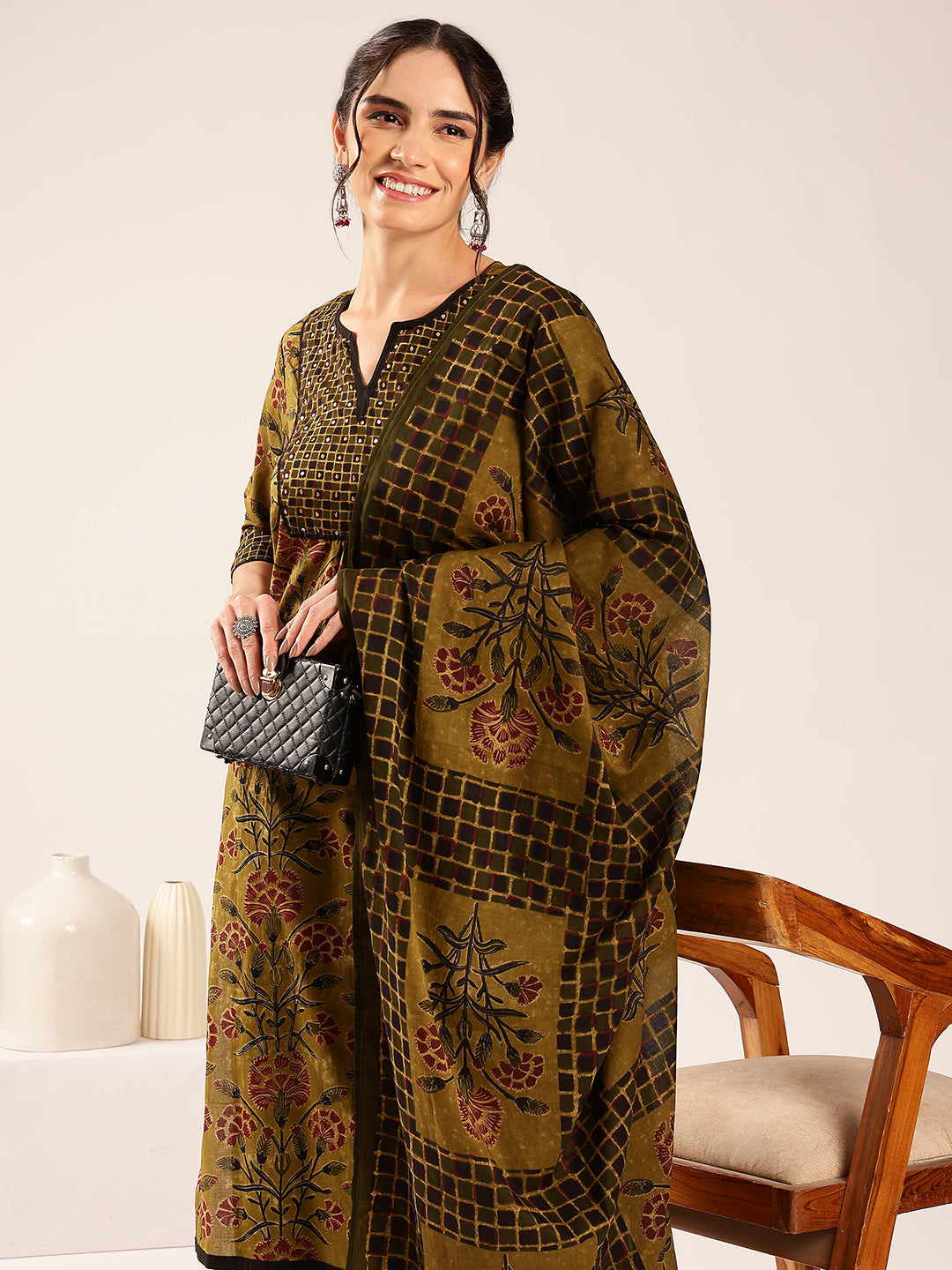 Mehendi Floral Print Straight Cotton Stitched Kurta Set