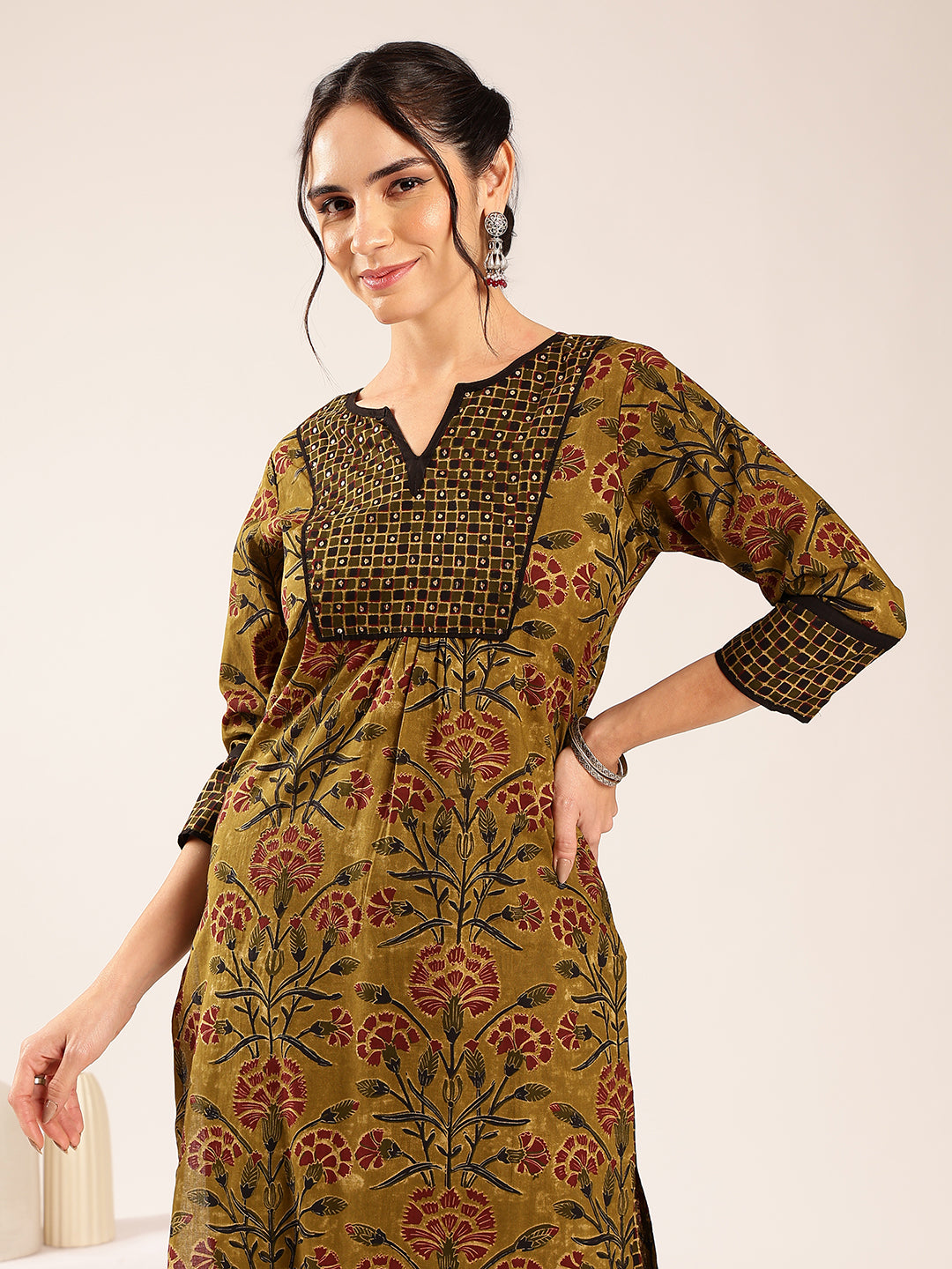 Mehendi Floral Print Straight Cotton Stitched Kurta Set