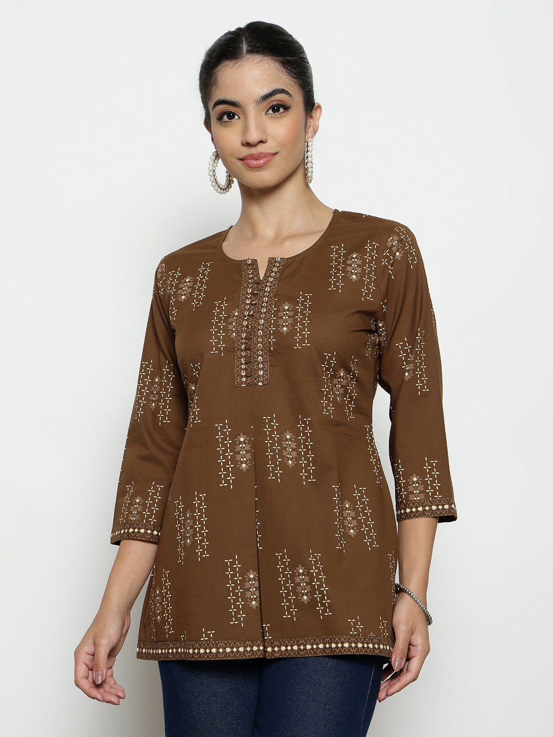 Coffee Foil Print A-Line Cotton Stitched Tunic