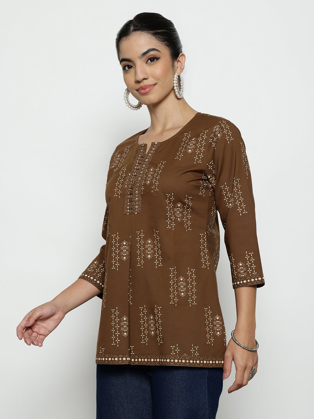 Coffee Foil Print A-Line Cotton Stitched Tunic