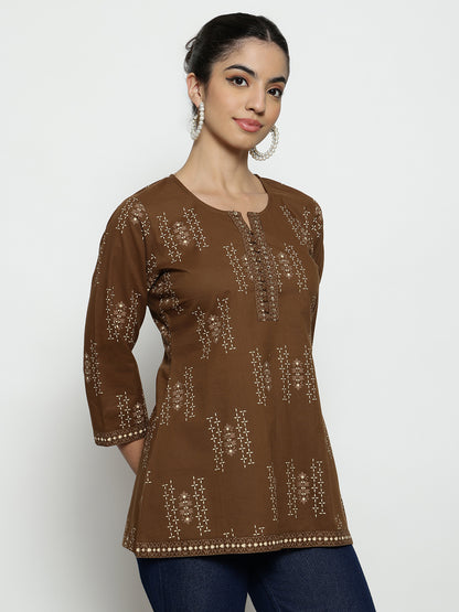Coffee Foil Print A-Line Cotton Stitched Tunic