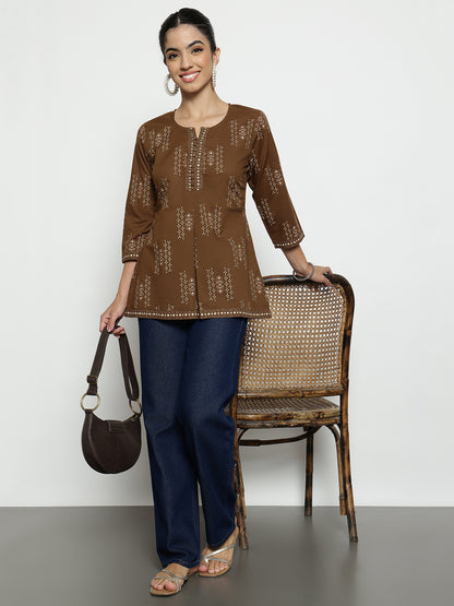 Coffee Foil Print A-Line Cotton Stitched Tunic