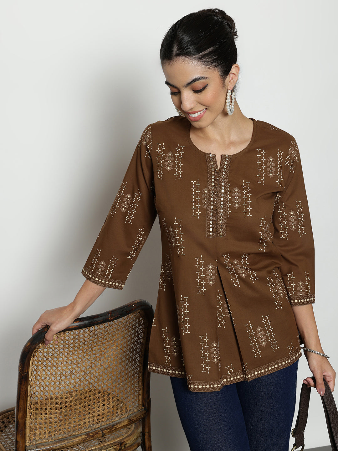 Coffee Foil Print A-Line Cotton Stitched Tunic