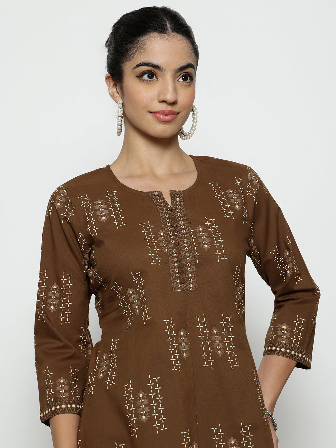 Coffee Foil Print A-Line Cotton Stitched Tunic