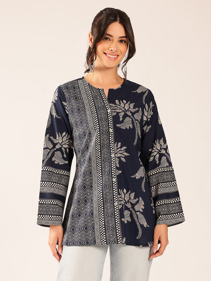 Turquoise Block Print A-Line Cotton Stitched Top