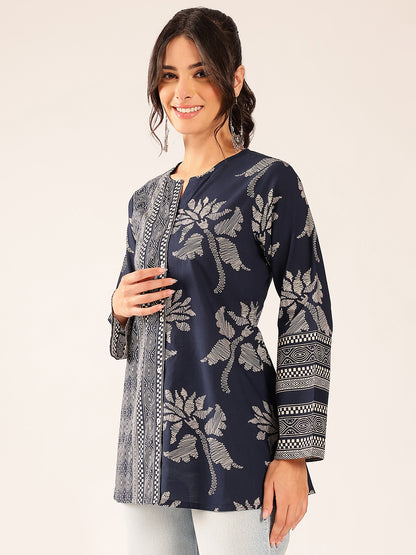 Turquoise Block Print A-Line Cotton Stitched Top