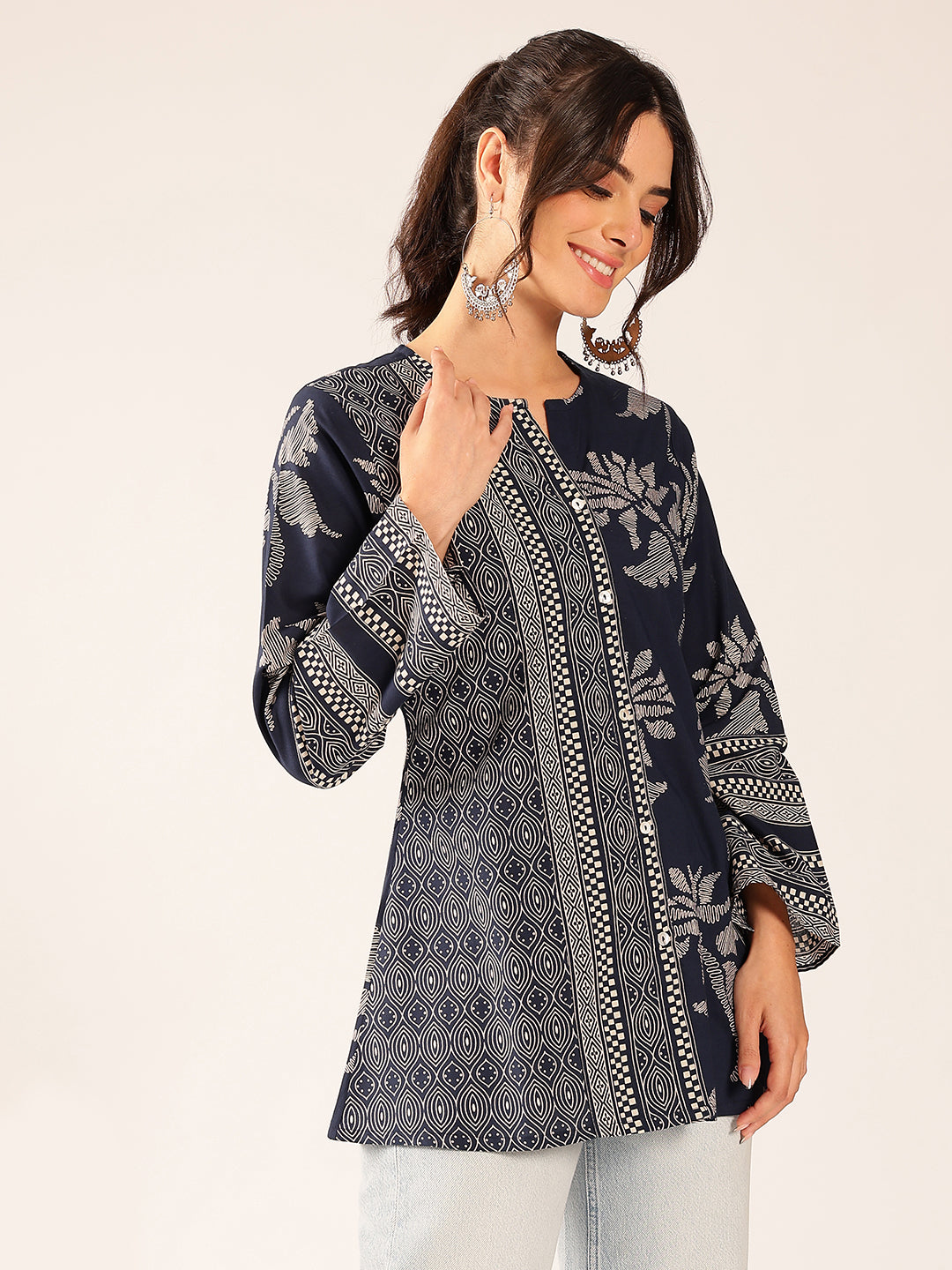Turquoise Block Print A-Line Cotton Stitched Top