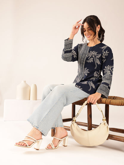 Turquoise Block Print A-Line Cotton Stitched Top