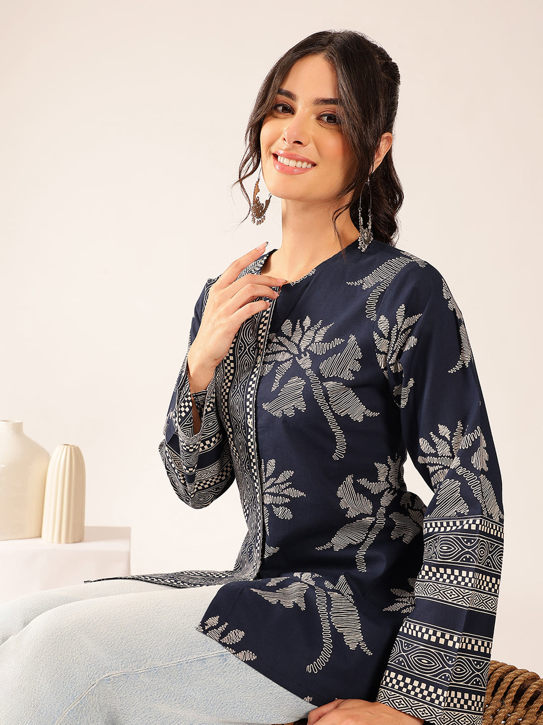 Turquoise Block Print A-Line Cotton Stitched Top
