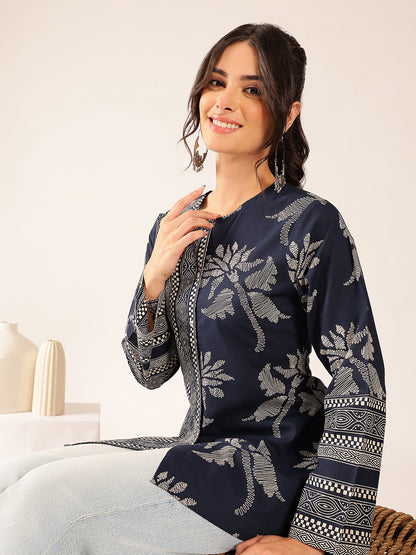 Turquoise Block Print A-Line Cotton Stitched Top
