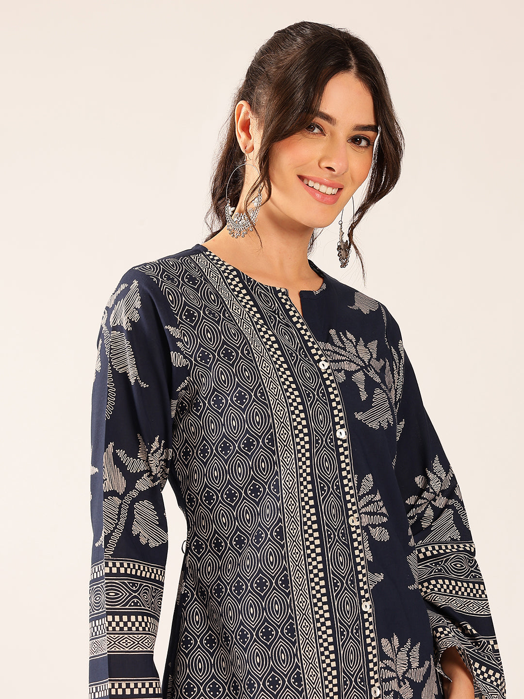 Turquoise Block Print A-Line Cotton Stitched Top