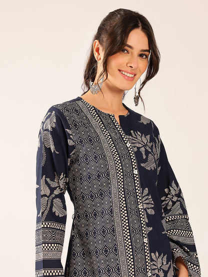 Turquoise Block Print A-Line Cotton Stitched Top