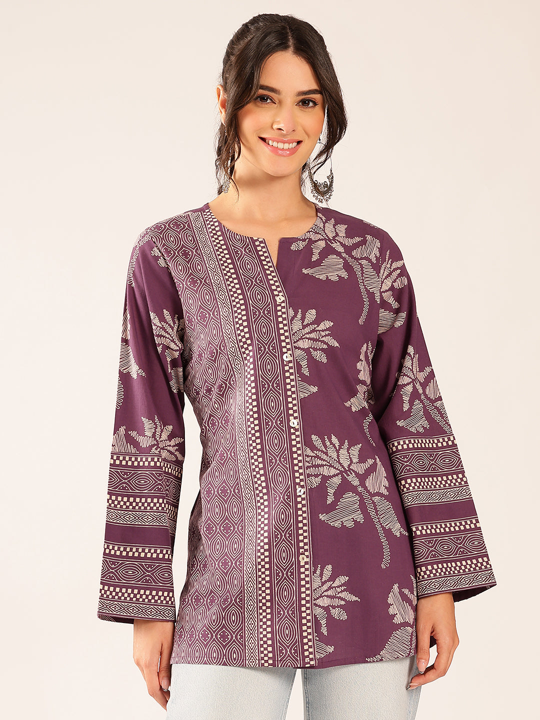 Lavender Block Print A-Line Cotton Stitched Top