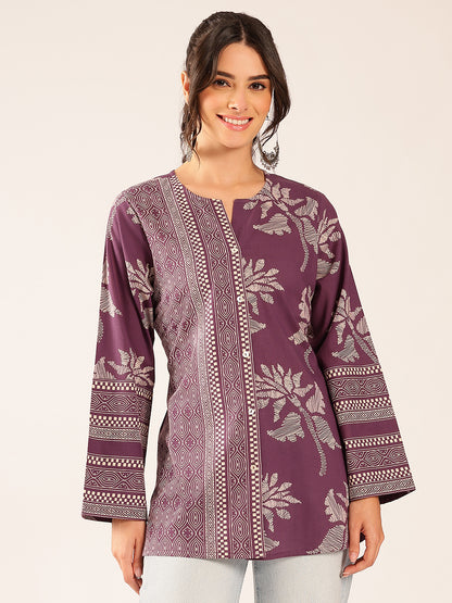 Lavender Block Print A-Line Cotton Stitched Top