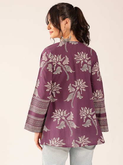Lavender Block Print A-Line Cotton Stitched Top