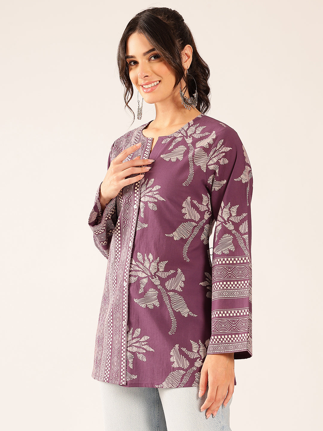Lavender Block Print A-Line Cotton Stitched Top