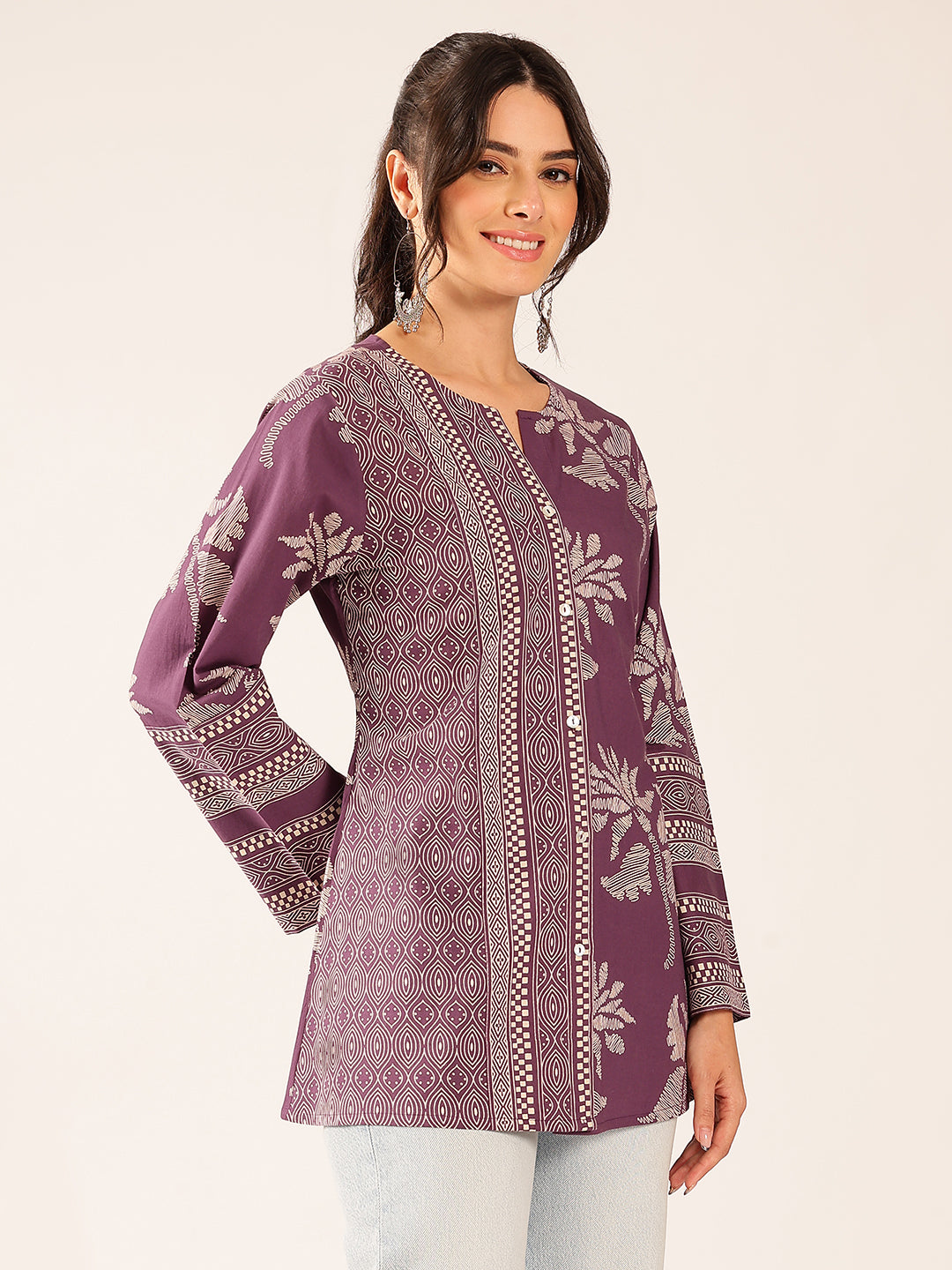 Lavender Block Print A-Line Cotton Stitched Top
