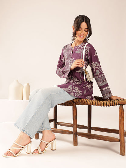 Lavender Block Print A-Line Cotton Stitched Top