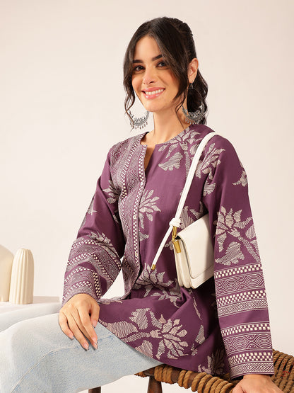 Lavender Block Print A-Line Cotton Stitched Top