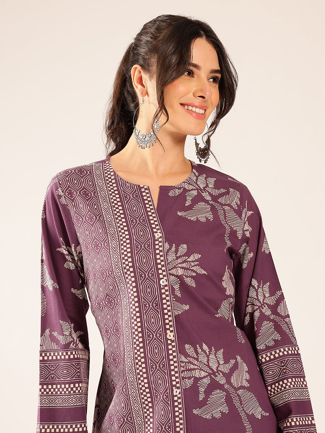 Lavender Block Print A-Line Cotton Stitched Top