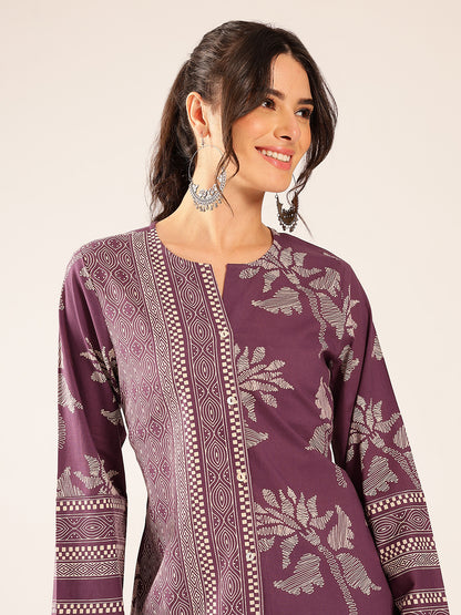 Lavender Block Print A-Line Cotton Stitched Top