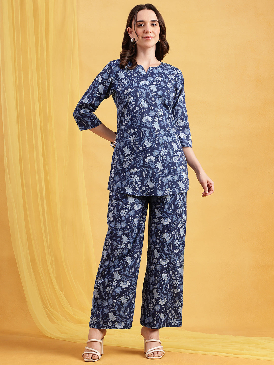 Blue Floral Straight Cotton Night Suit
