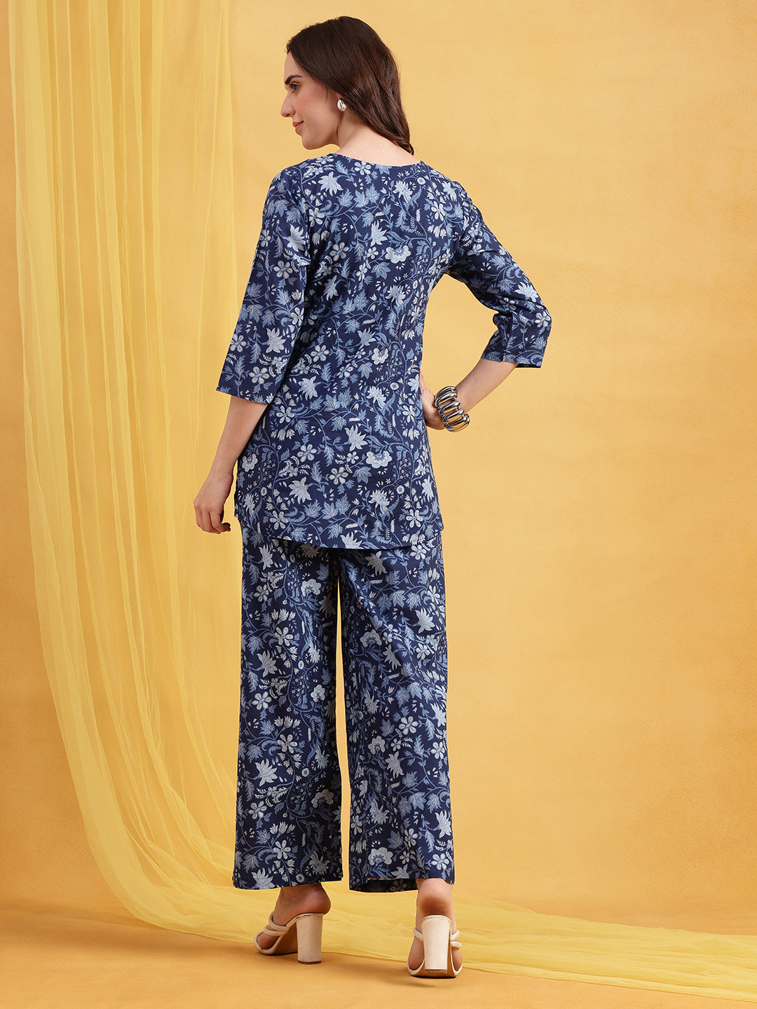 Blue Floral Straight Cotton Night Suit