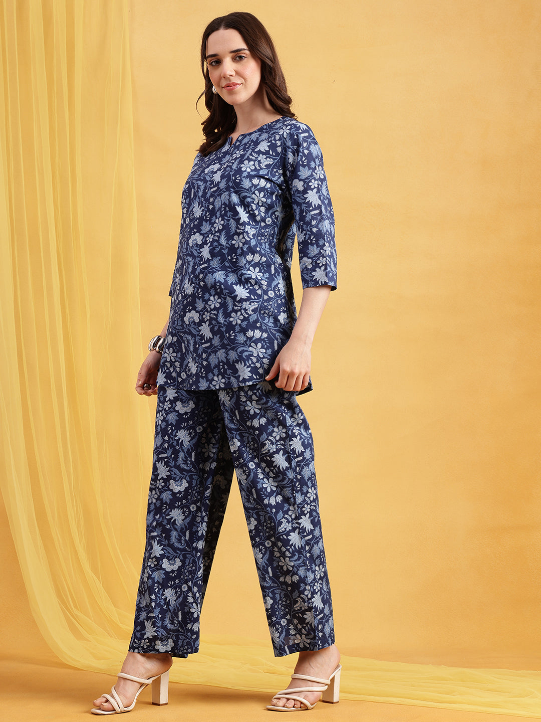 Blue Floral Straight Cotton Night Suit