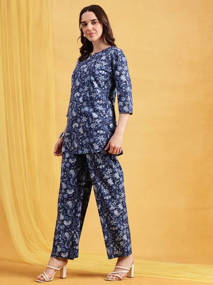 Blue Floral Straight Cotton Night Suit