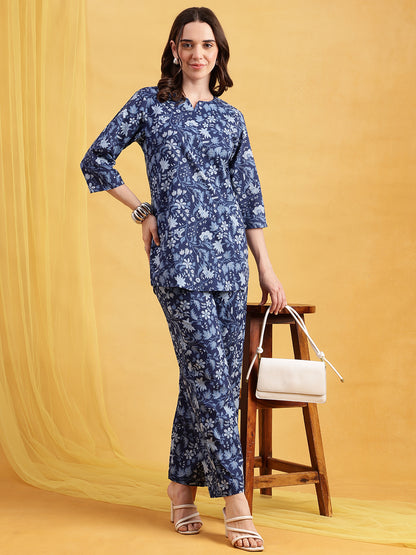 Blue Floral Straight Cotton Night Suit