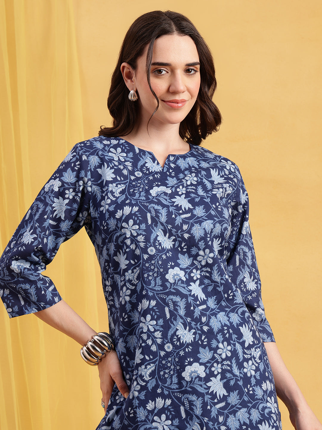 Blue Floral Straight Cotton Night Suit