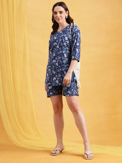 Blue Floral Straight Cotton Night Suit