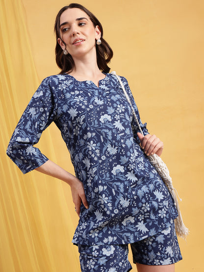 Blue Floral Straight Cotton Night Suit