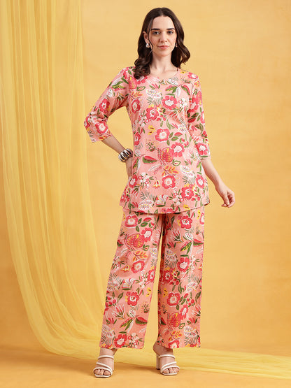 Light Pink Floral Straight Cotton Night Suit
