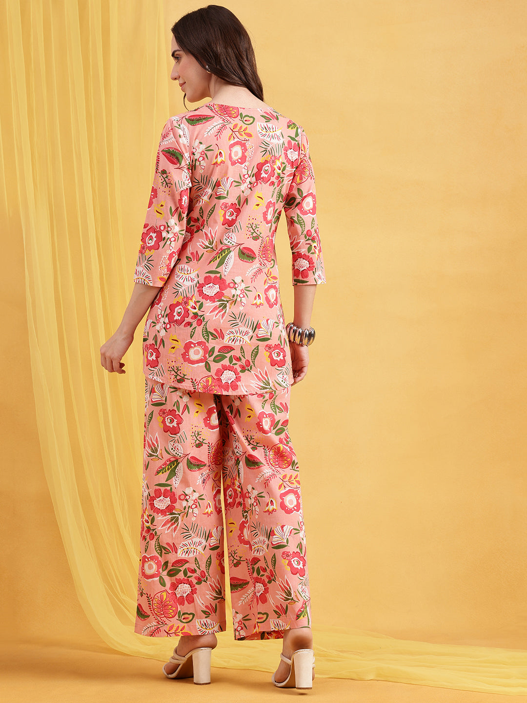 Light Pink Floral Straight Cotton Night Suit