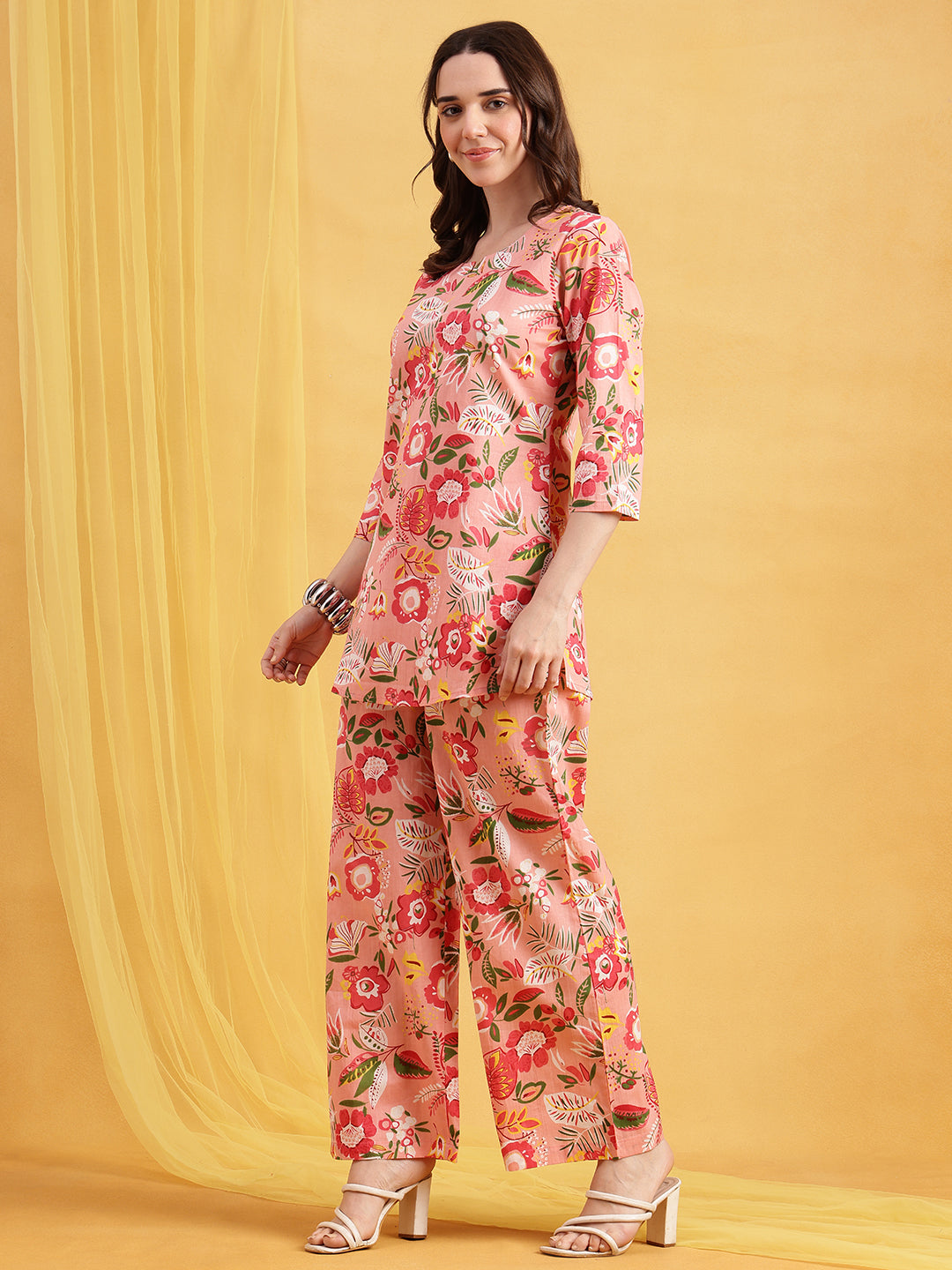 Light Pink Floral Straight Cotton Night Suit
