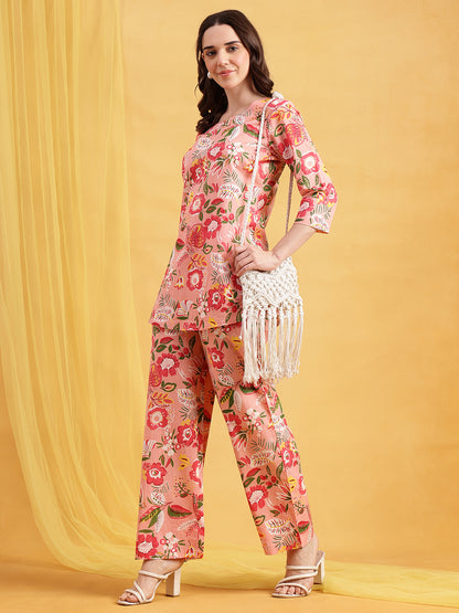Light Pink Floral Straight Cotton Night Suit
