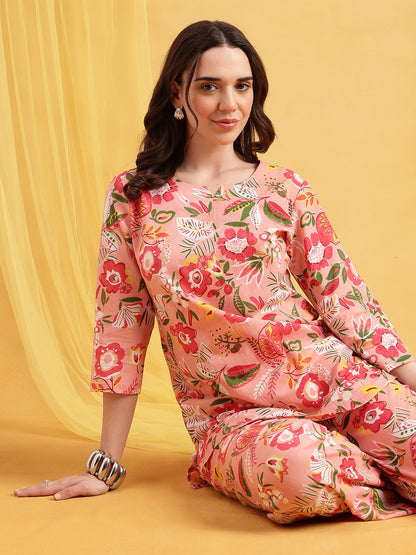 Light Pink Floral Straight Cotton Night Suit