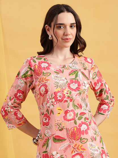 Light Pink Floral Straight Cotton Night Suit