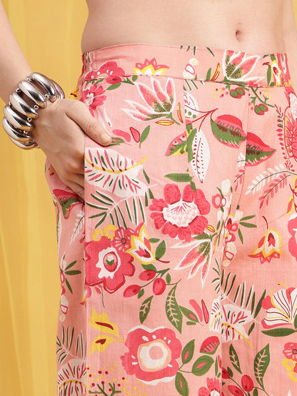 Light Pink Floral Straight Cotton Night Suit