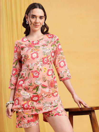 Light Pink Floral Straight Cotton Night Suit